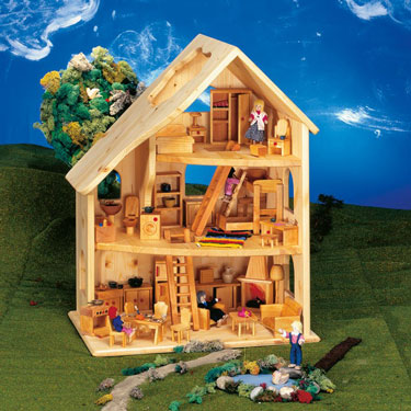 3stoeckiges Holzpuppenhaus mit 4 Zimmern