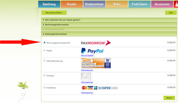 Auswahlmöglichkeiten Zahlungsarten - Rechnungskauf über Paymorrow
